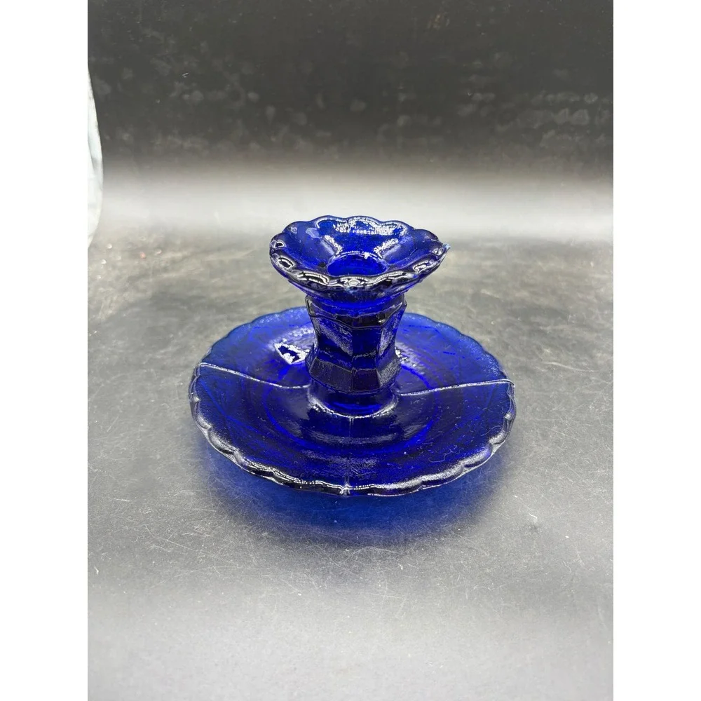 Vintage Cobalt Blue Glass Chamberstick Candle Holder Scalloped Finger Loop 3.5in